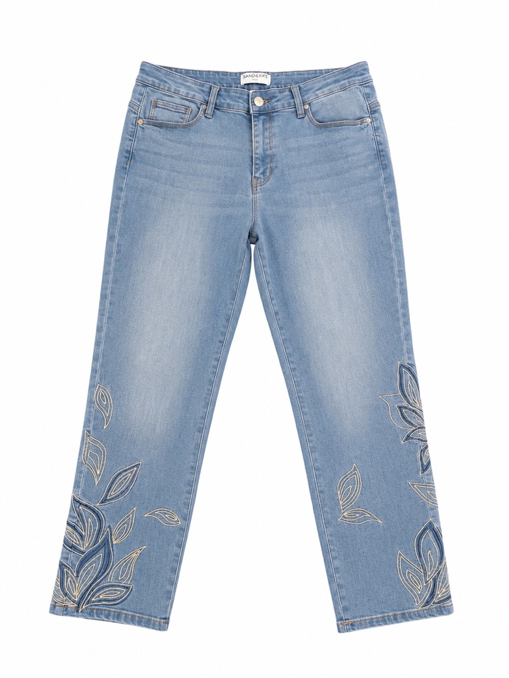 Light Blue Cropped Straight Jeans with Embroidered Leaf Detail - Sandpiper